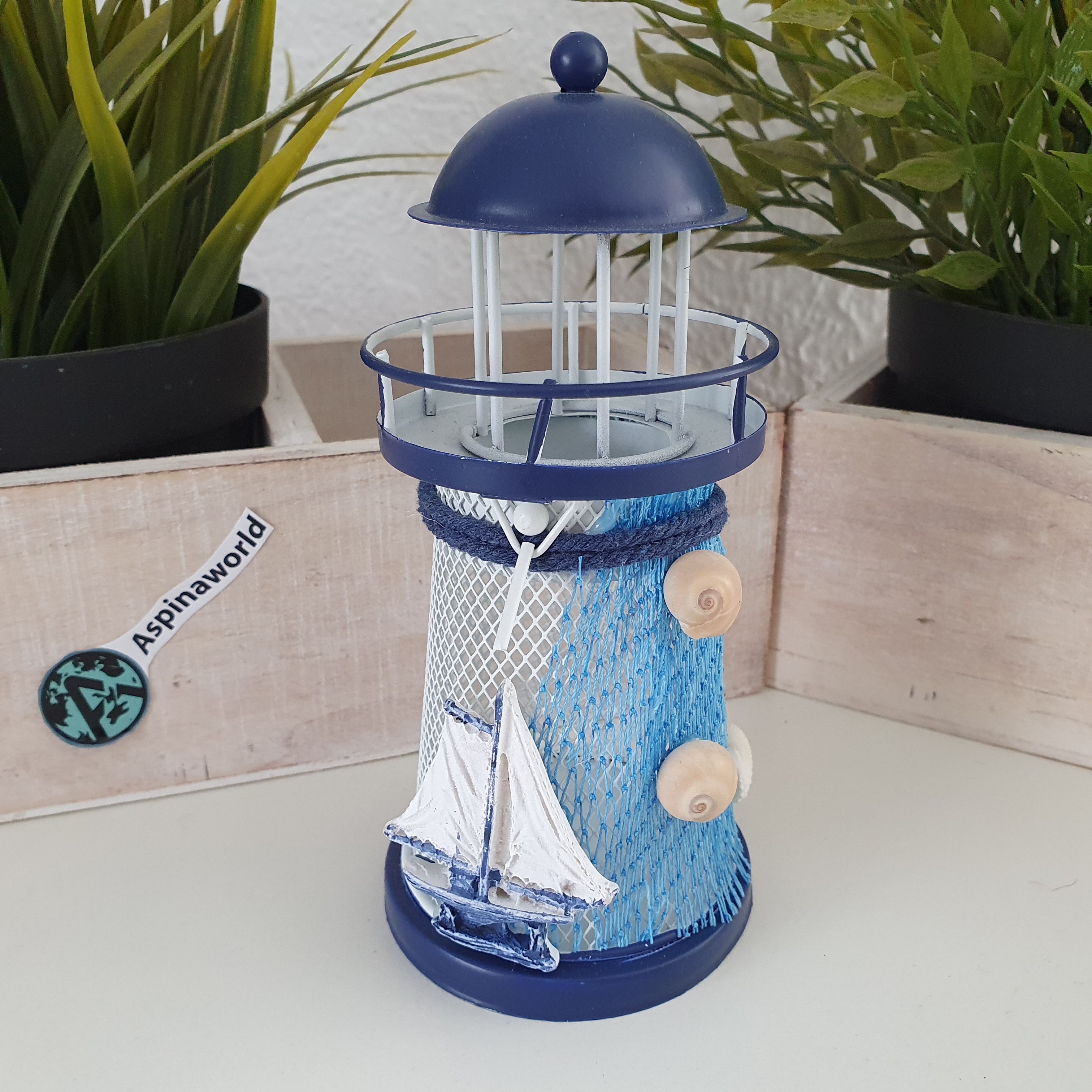 Maritime Deko Leuchtturm Teelichthalter aus Metall mit Schiff 14 cm