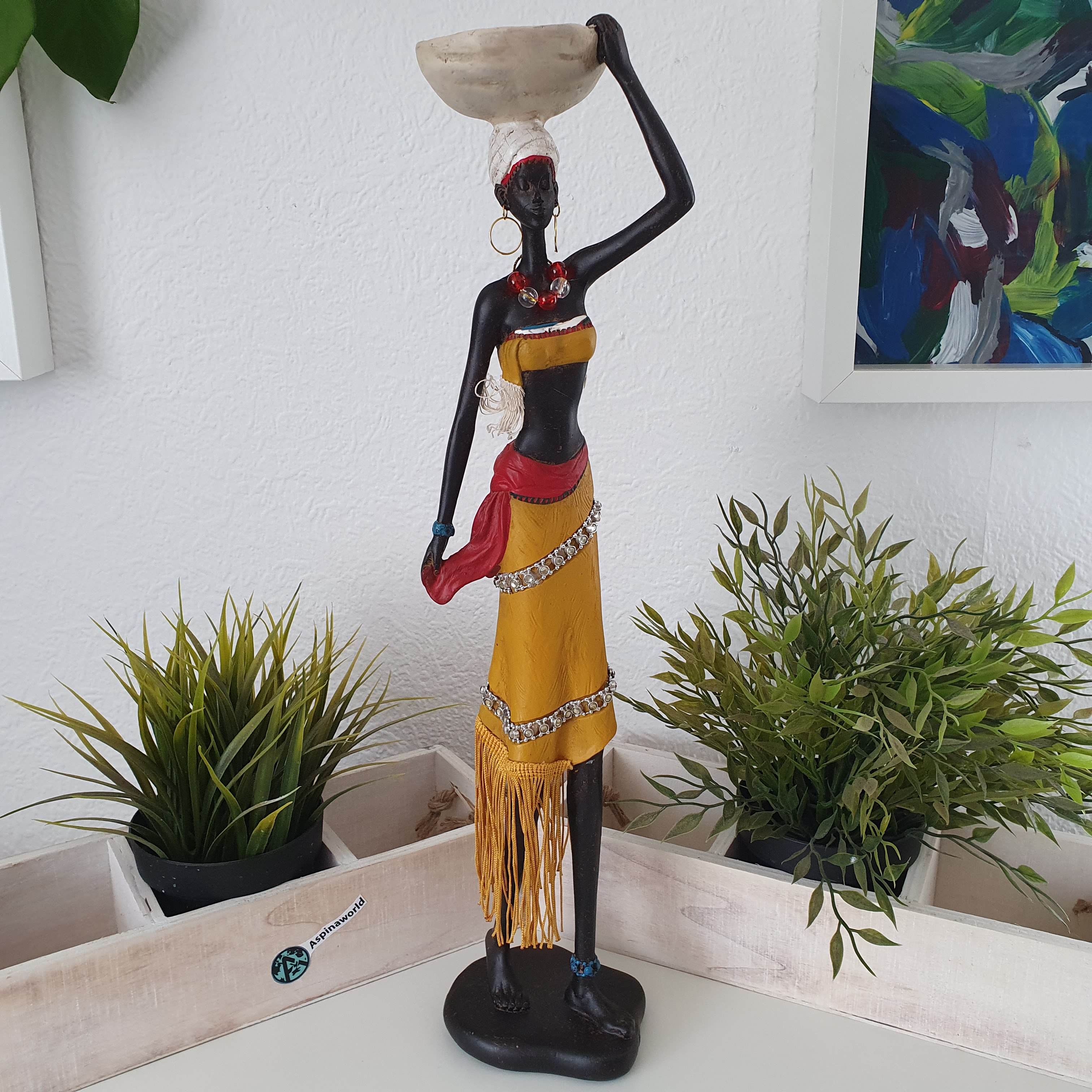 Afrika Deko Frau mit Wasserschale auf dem Kopf und Paillettenschmuck 46 cm