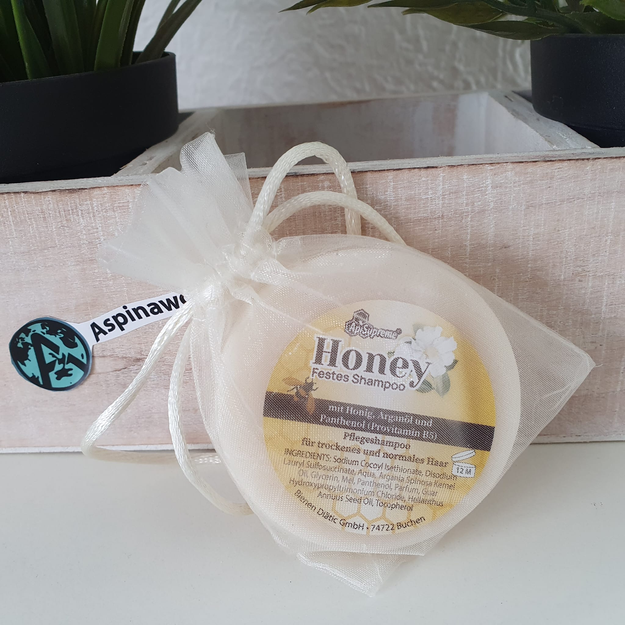 Festes Shampoo "Honey" im Organzabeutel 50 g für trockenes und normales Haar