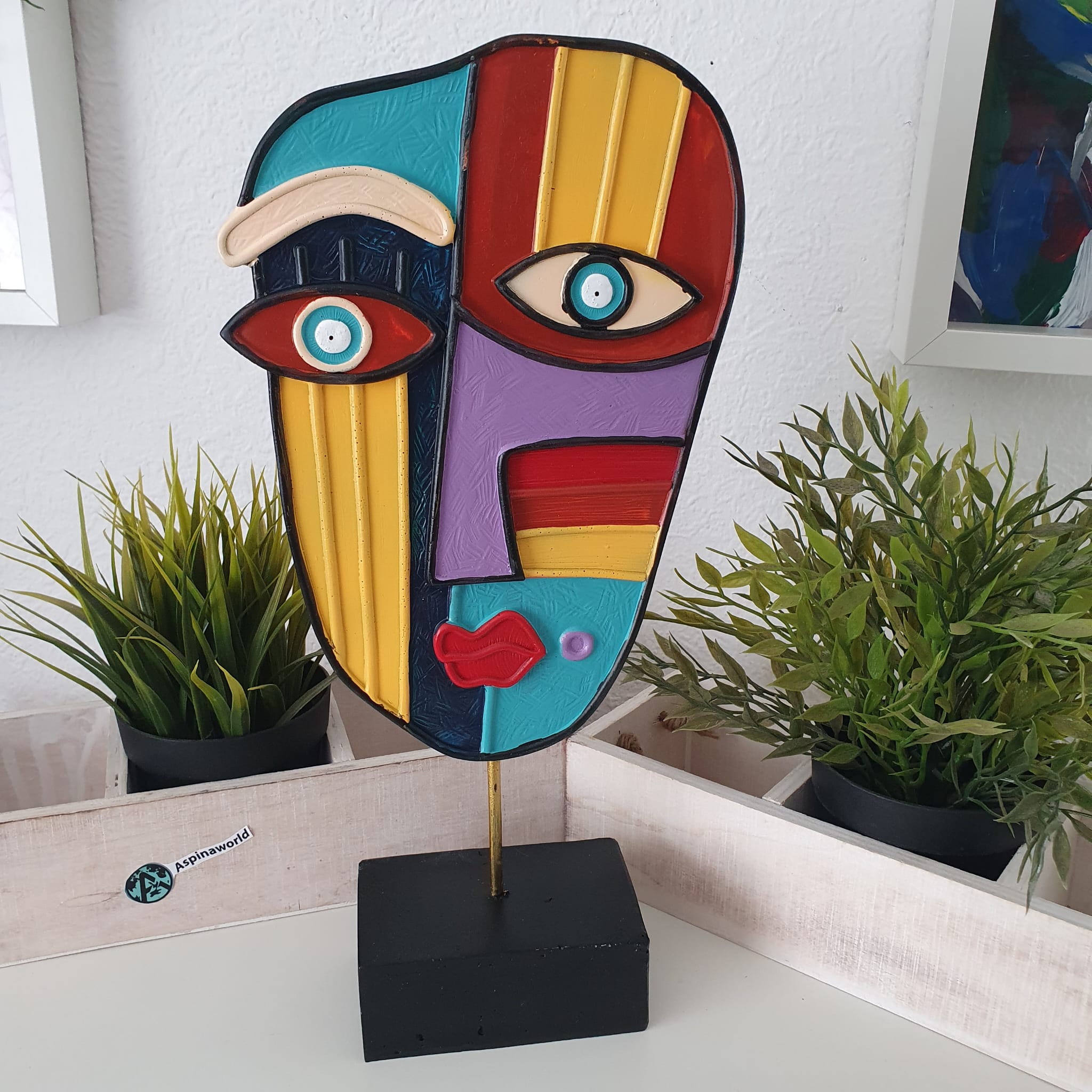 Abstrakte bunte Gesichts Skulptur auf Sockel 36 cm