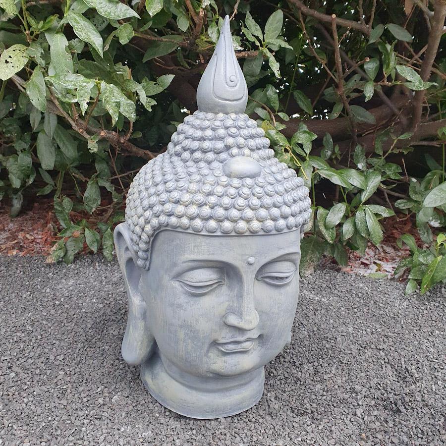 Gartenfigur graue Buddha Kopf Figur 55 cm
