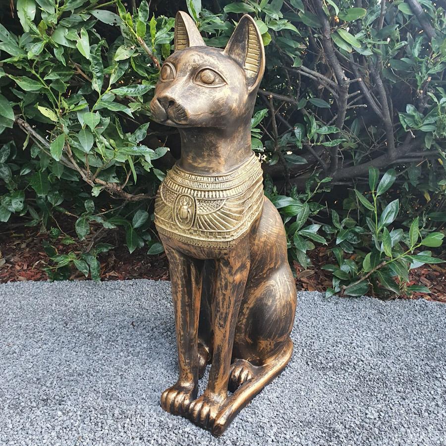 Gartenfigur Ägyptische Bastet-Katzen Figur 72 cm Bronze Optik