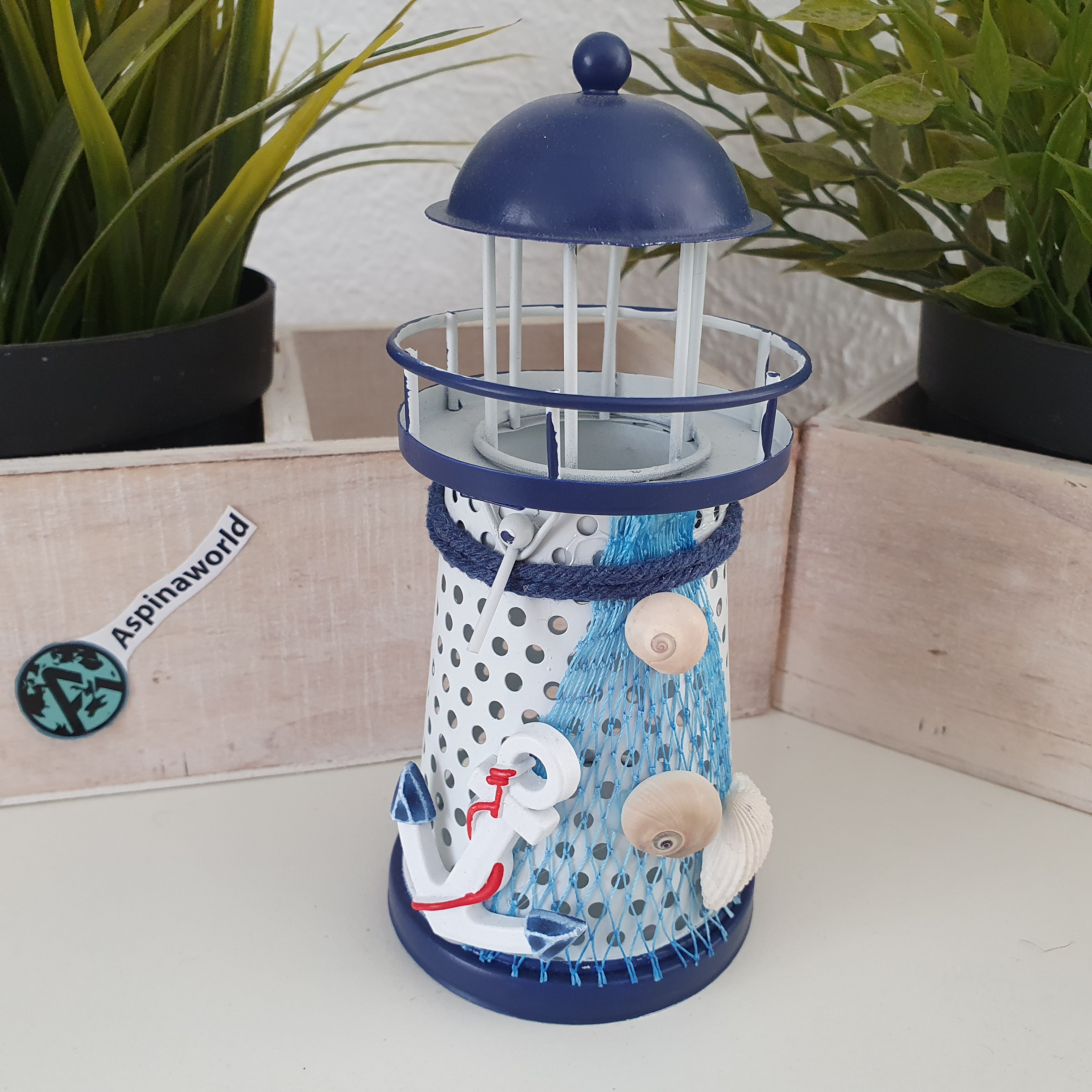 Maritime Deko Leuchtturm Teelichthalter aus Metall mit Anker 14 cm