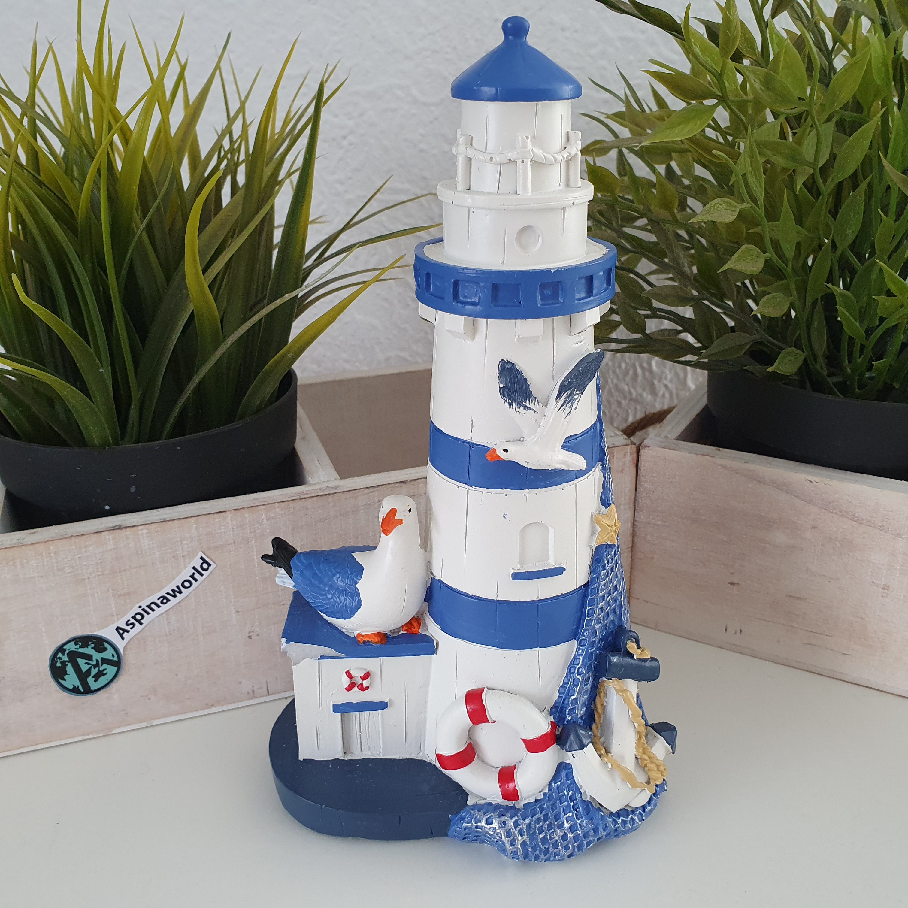 Maritime Deko Leuchtturm Figur mit Möwen 20 cm