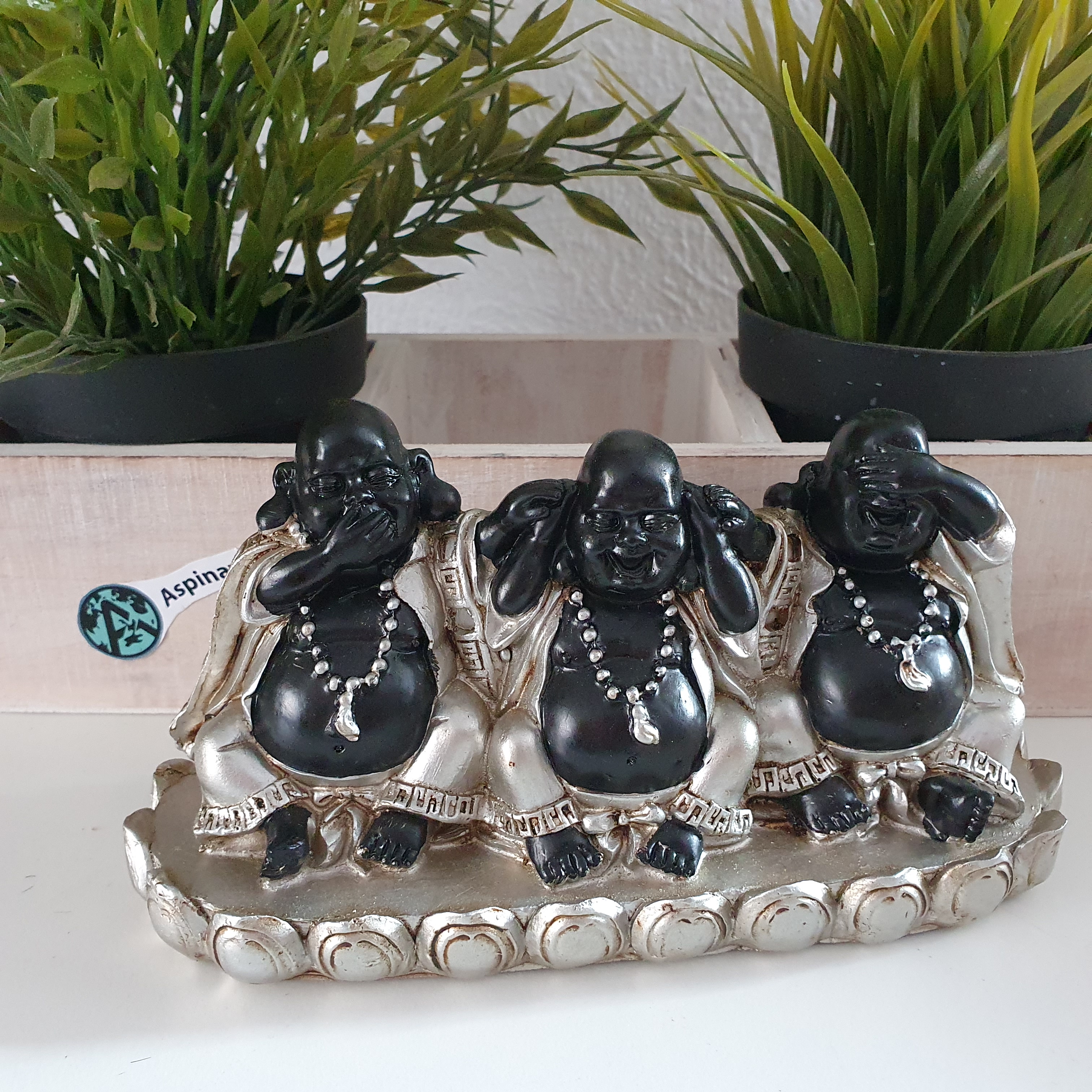 Lachende sitzende Buddhas, hören, sehen und Schweigen 3er Set 8 cm