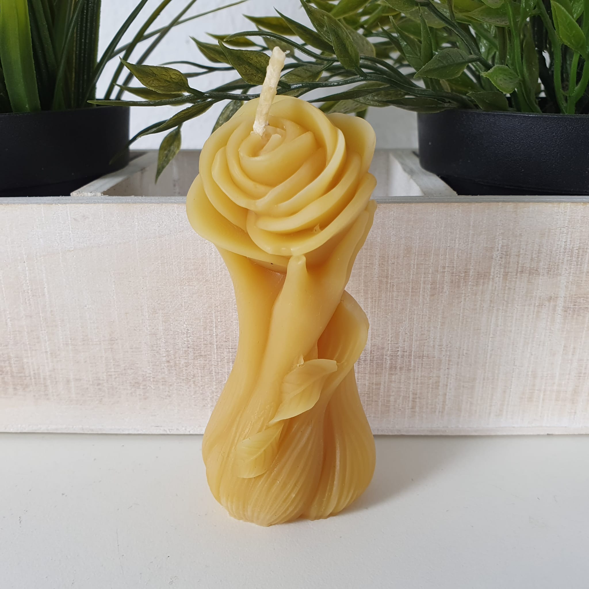 Bienenwachskerze Rosenkerze in Hand 10 cm