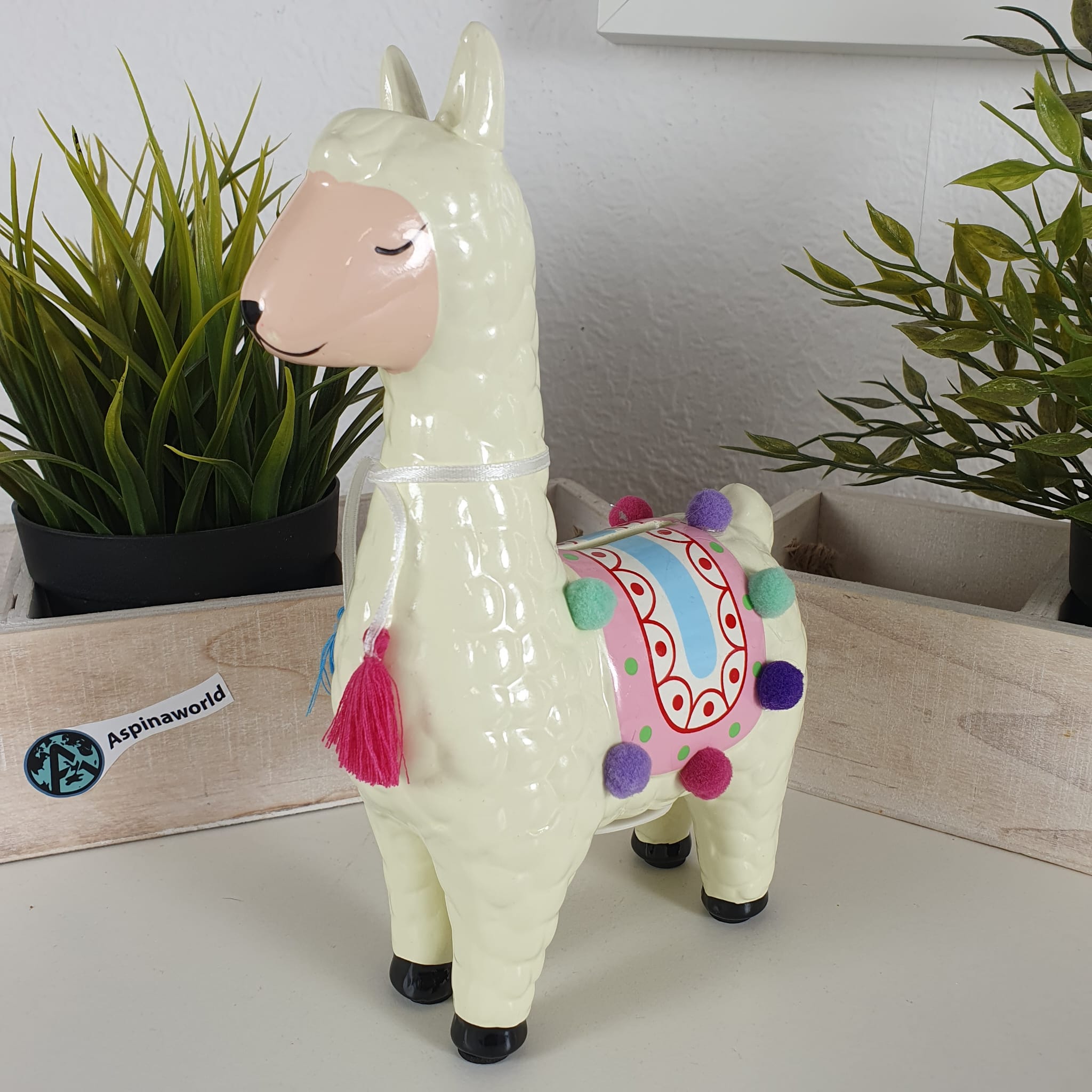 Deko Keramik Spardose Lama Figur mit Decke 21 cm
