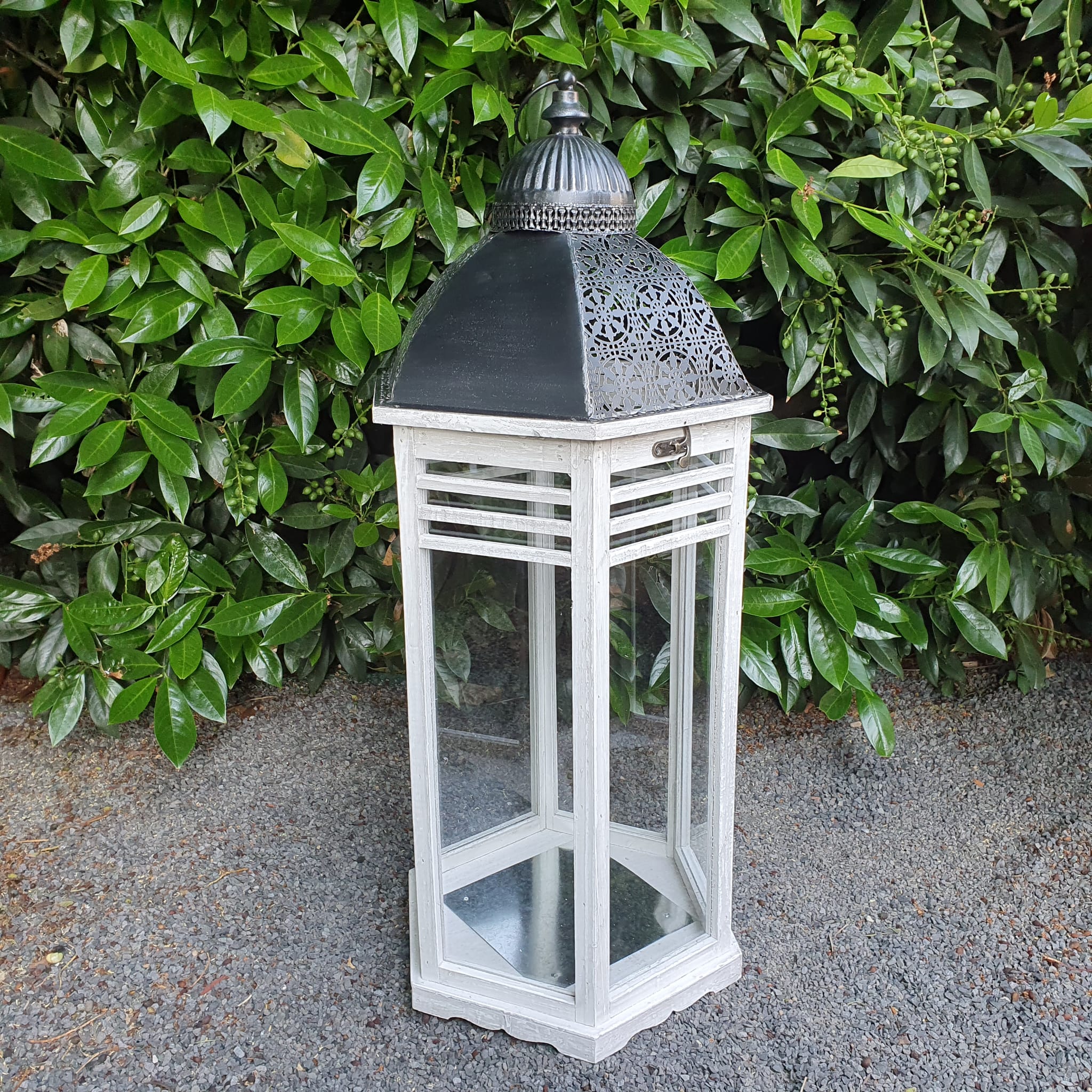 Holzlaterne Windlicht Laterne weiß 84 cm von oben zu öffnen