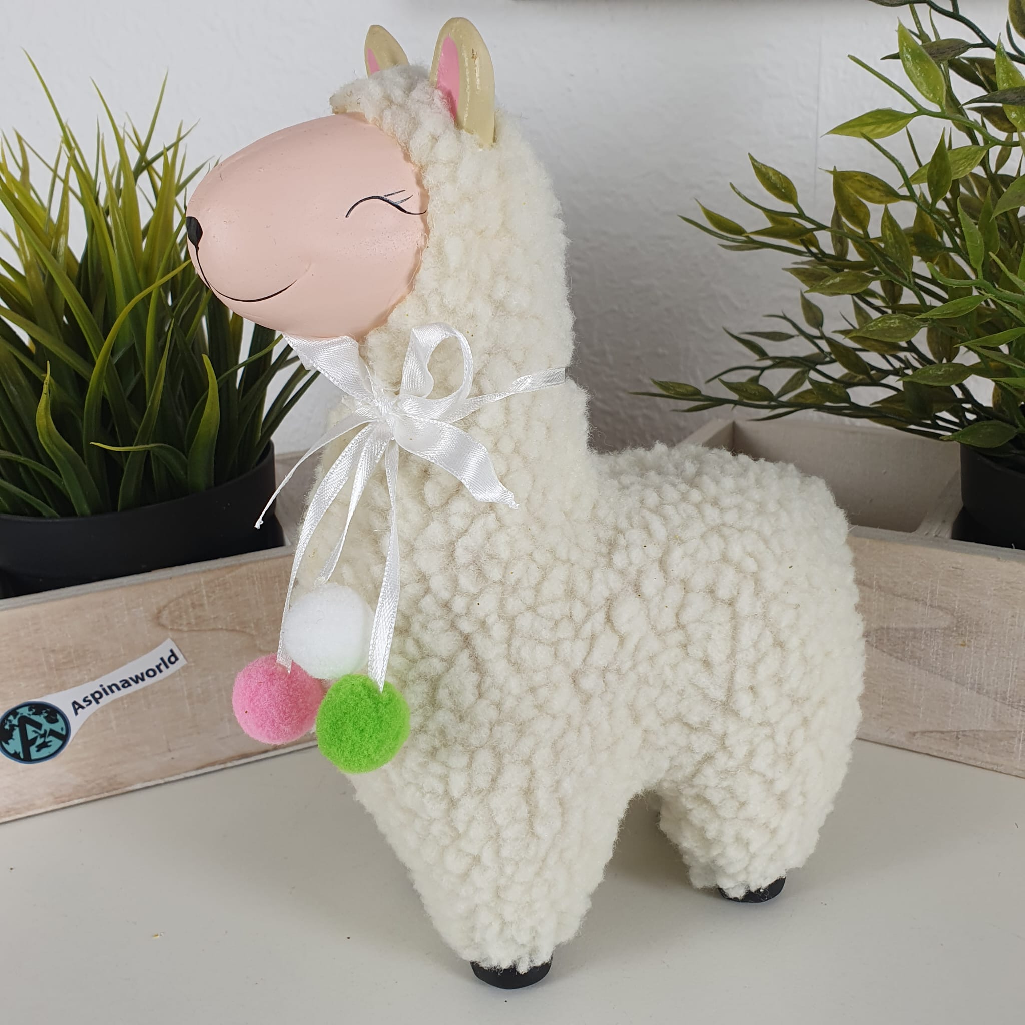 Deko Keramik Spardose Lama Figur mit Fell 22 cm