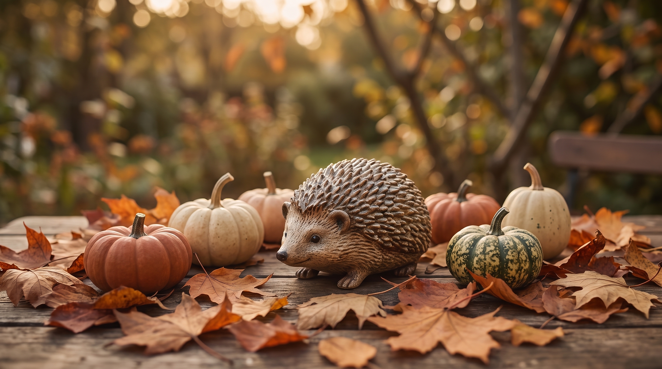Herbstdeko mit Gartenfiguren
