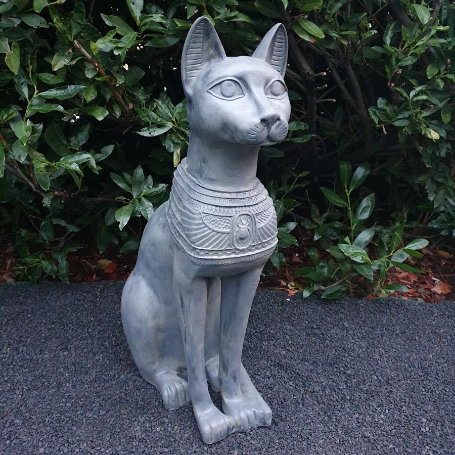 Gartenfigur Ägyptische Bastet-Katzen Figur 72 cm grau